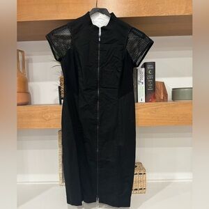 Lafayette 148 New York Black Knee Length Zi Front Mesh Sleeve Dress